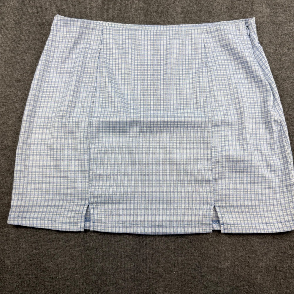 Hesperus Plaid Mini Skirt Women XXL Blue White Gingham High‎ Waist Front Slits